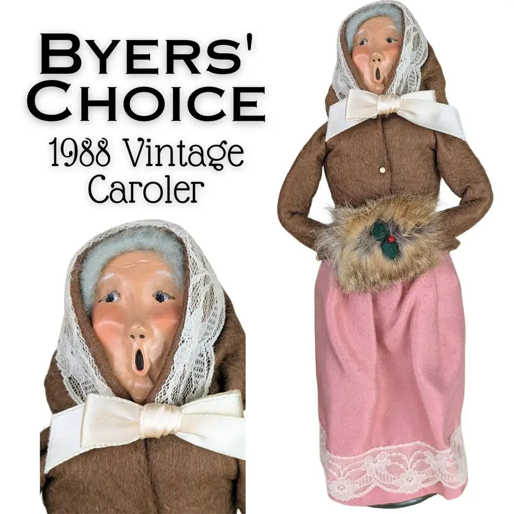 Byers' Choice Caroler Vintage 1988 Woman Pink Skirt w/ Lace Fur Muff Brown Coat